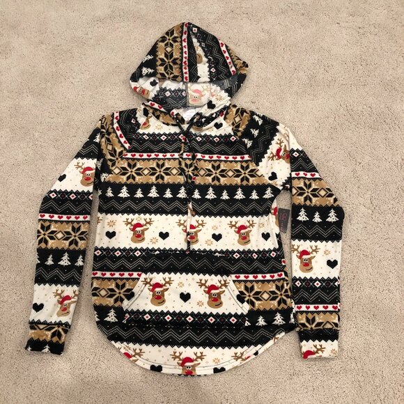 No Boundaries Women's Christmas Reindeer Plush Pullover Hoodie - Picture 1 of 14